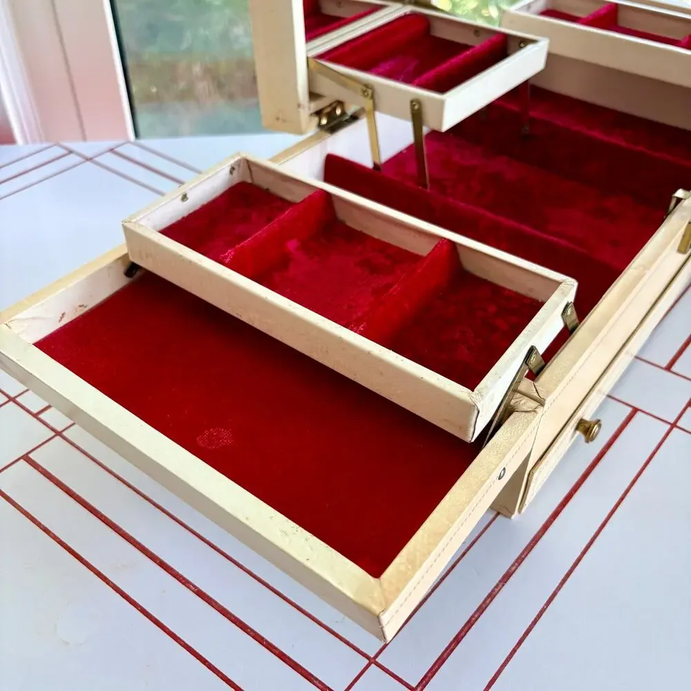 Large Vintage 1960s Cantilever Jewelry Box Red Velvet Mirror Ivory Vanity